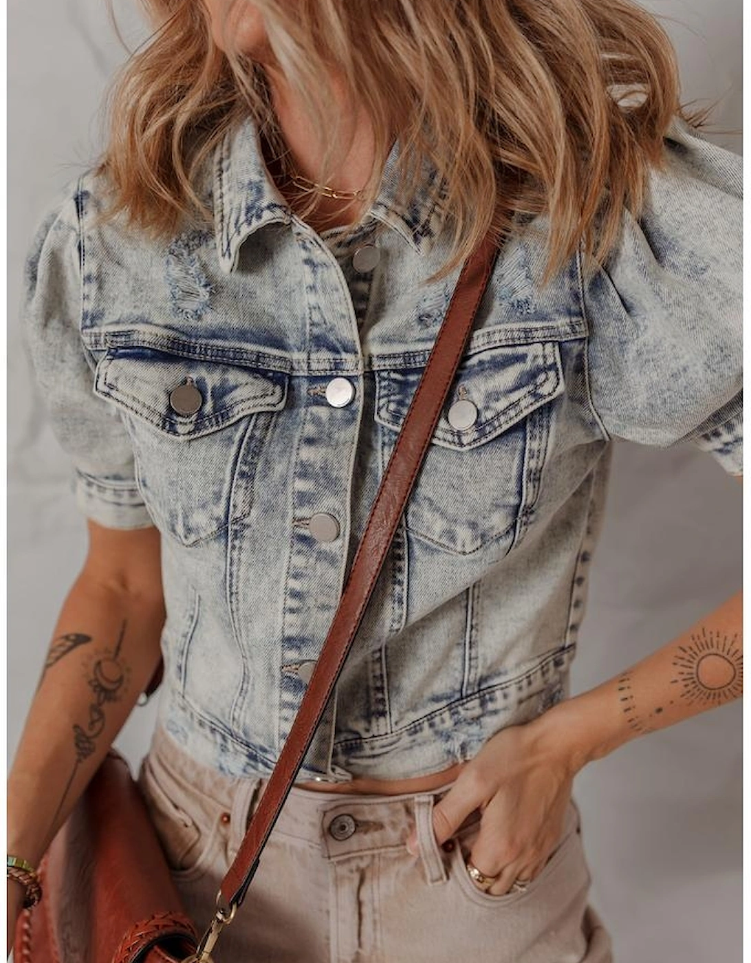 Beau Blue Light Wash Buttoned Chest Pocket Puff Sleeve Denim Jacket