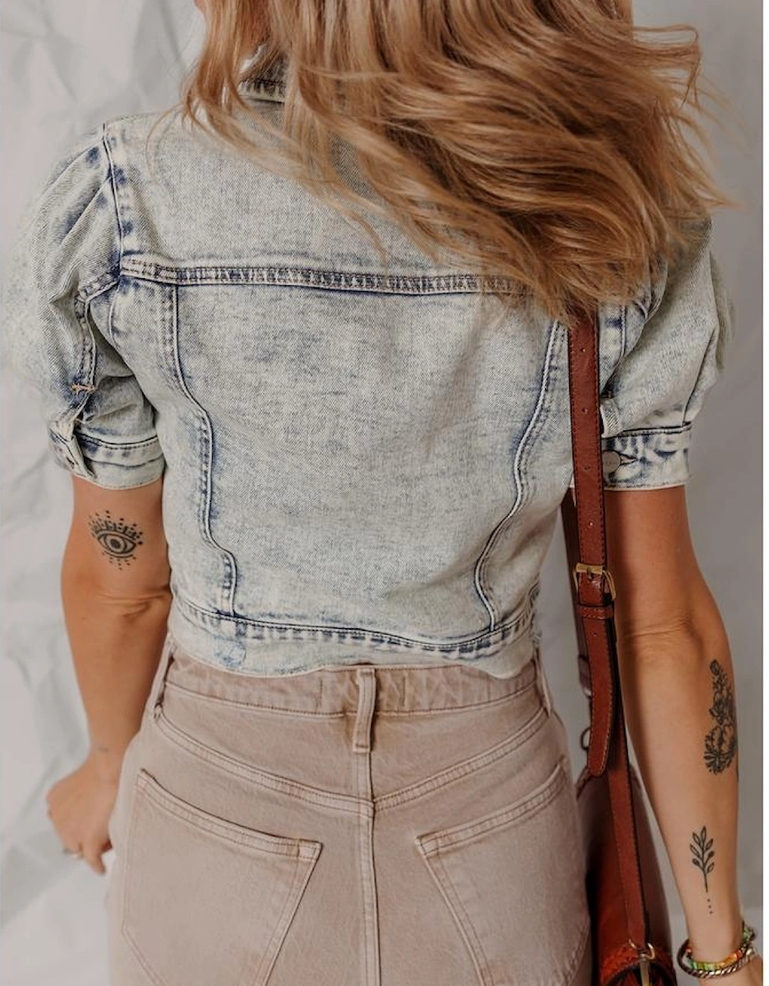 Beau Blue Light Wash Buttoned Chest Pocket Puff Sleeve Denim Jacket, 16 of 15