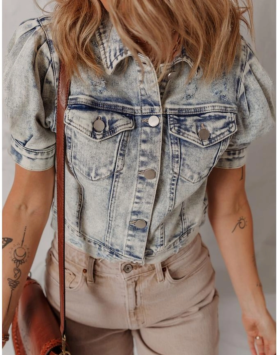 Beau Blue Light Wash Buttoned Chest Pocket Puff Sleeve Denim Jacket
