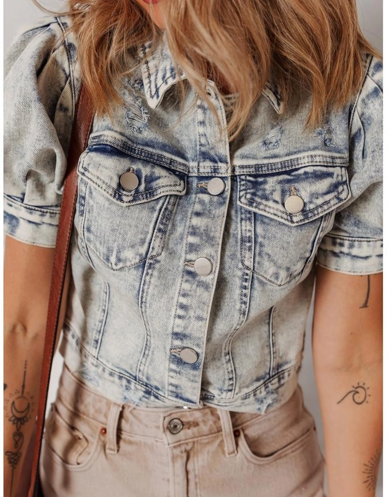Beau Blue Light Wash Buttoned Chest Pocket Puff Sleeve Denim Jacket