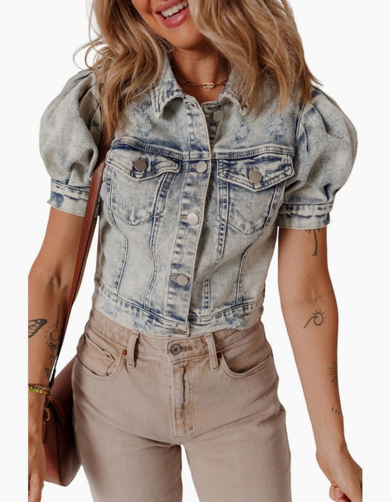 Beau Blue Light Wash Buttoned Chest Pocket Puff Sleeve Denim Jacket