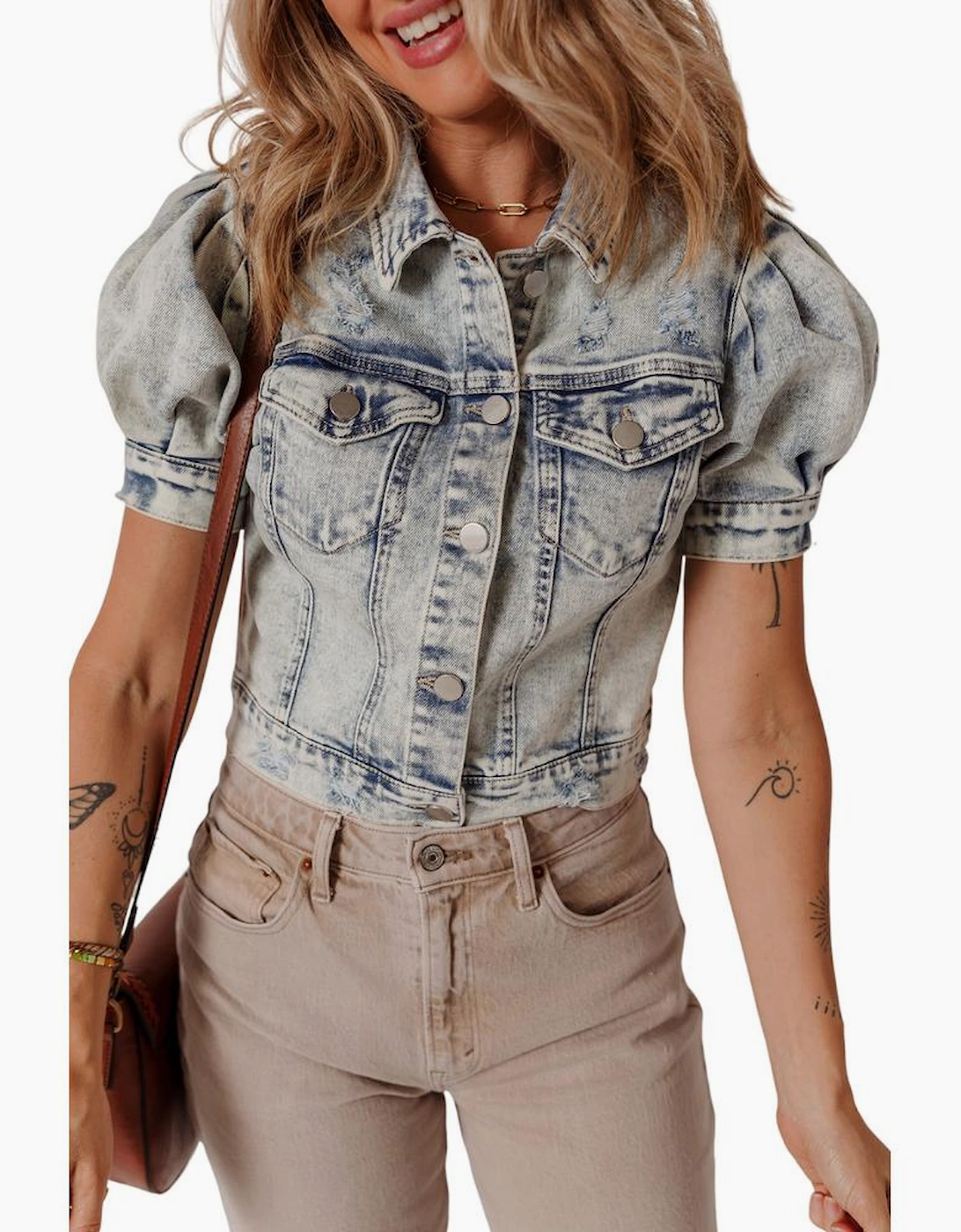 Beau Blue Light Wash Buttoned Chest Pocket Puff Sleeve Denim Jacket