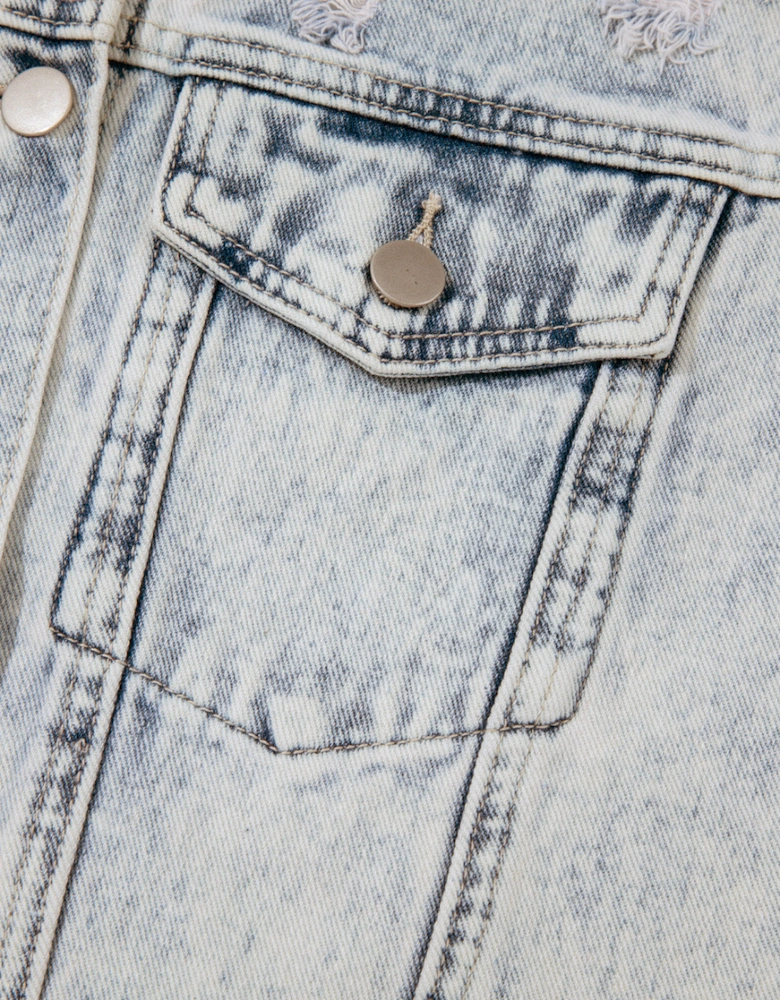 Beau Blue Light Wash Buttoned Chest Pocket Puff Sleeve Denim Jacket