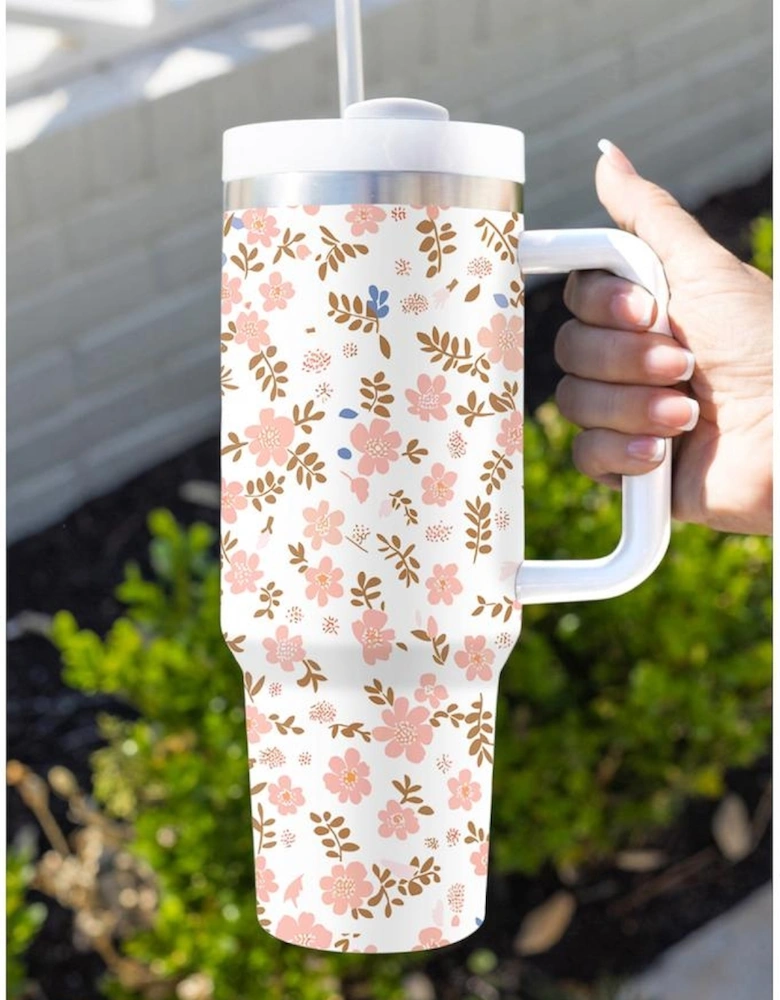 White Cute Flower Print Large Stainless Steel Tumbler 40oz