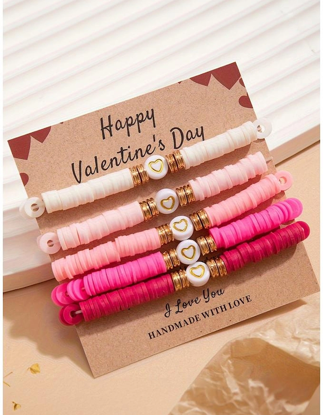 Peach Blossom 5Pcs Valentine Heart Beaded Bracelet