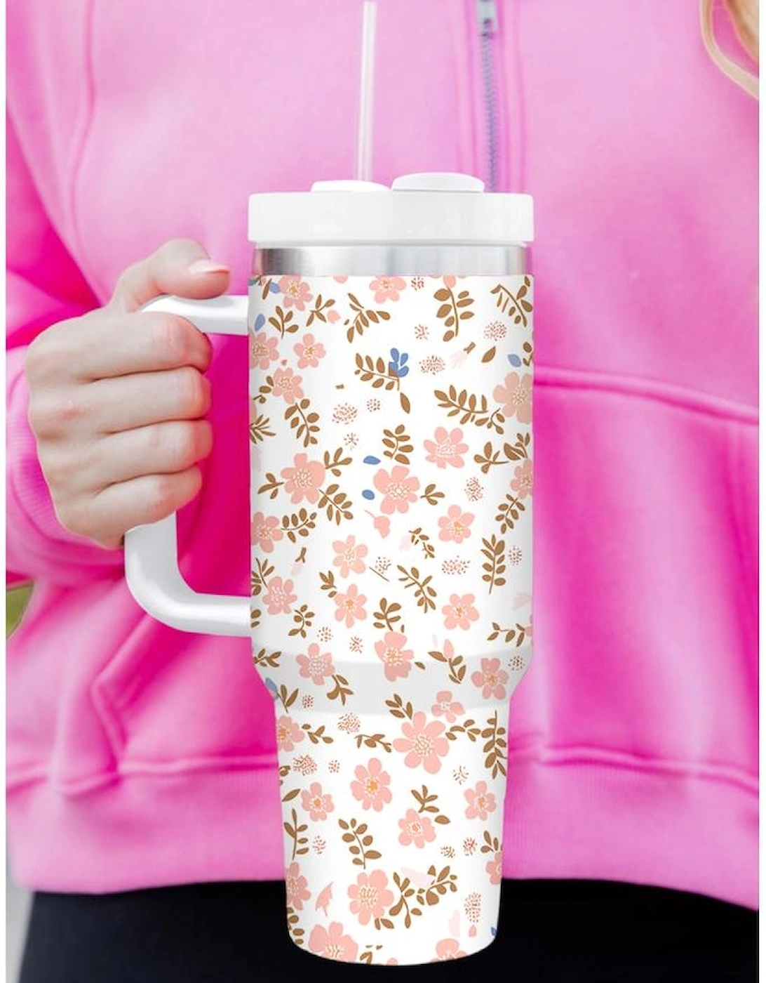 White Cute Flower Print Large Stainless Steel Tumbler 40oz