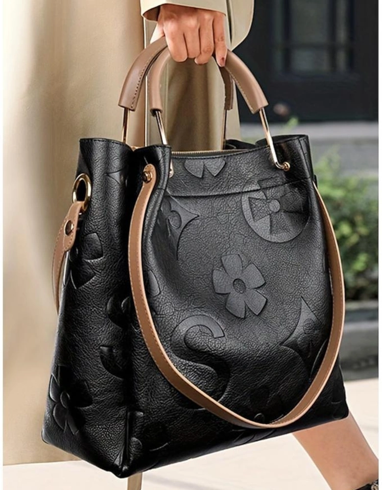 Black Embossed Leather Multi-functional Shoulder Bag with Handle