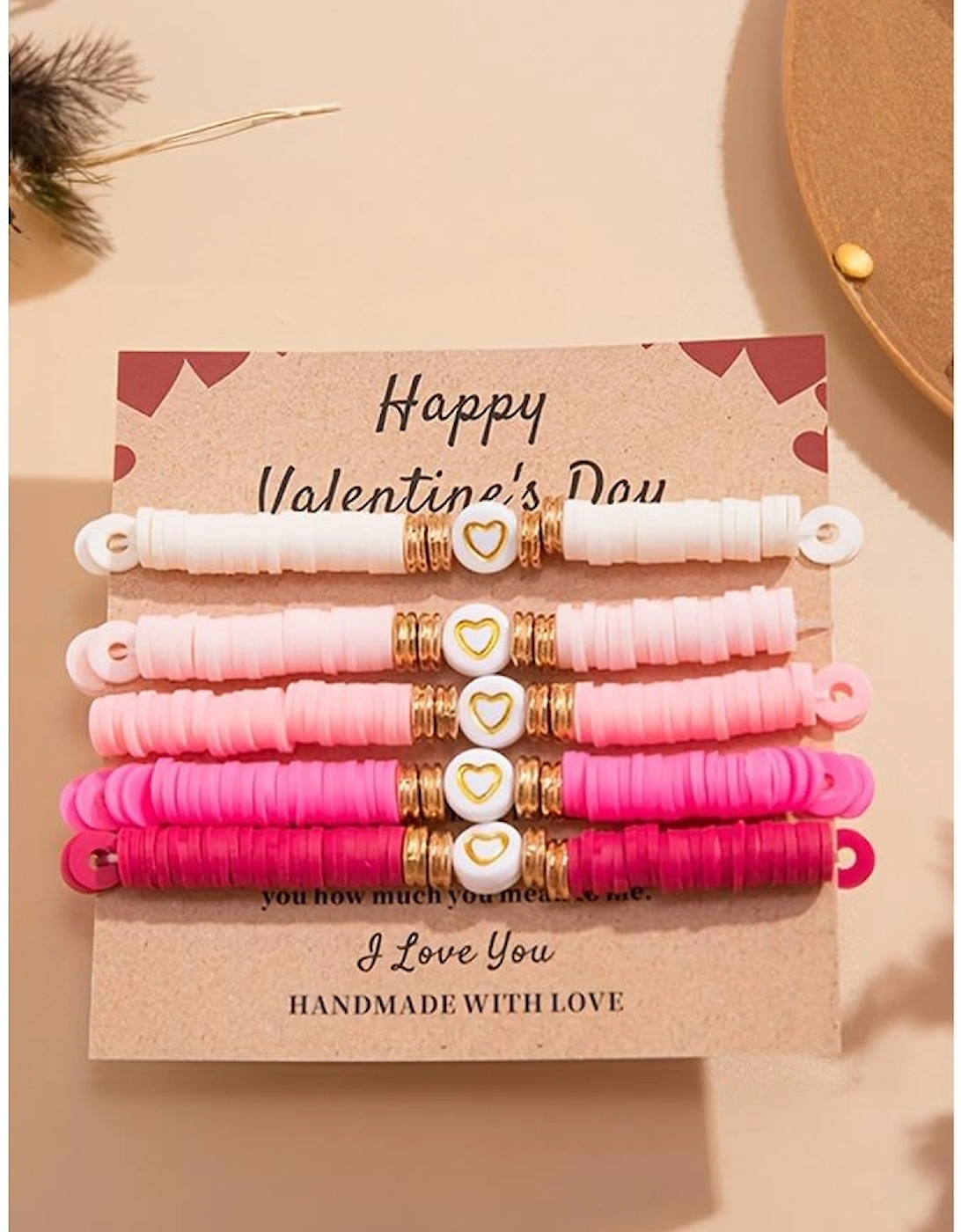 Peach Blossom 5Pcs Valentine Heart Beaded Bracelet