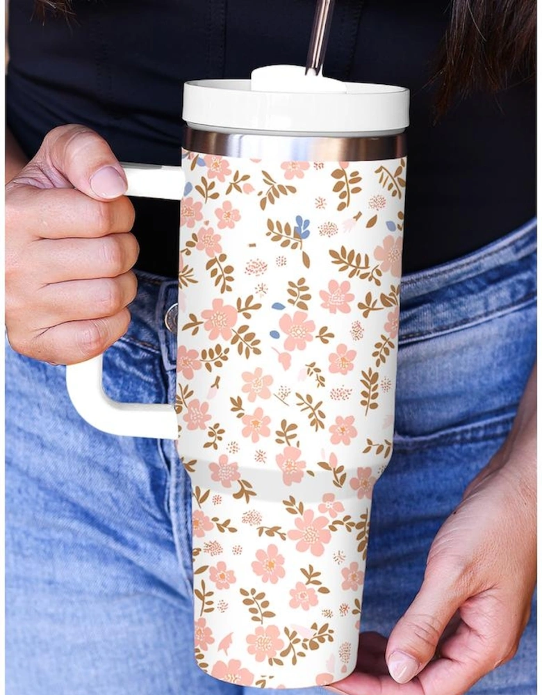 White Cute Flower Print Large Stainless Steel Tumbler 40oz