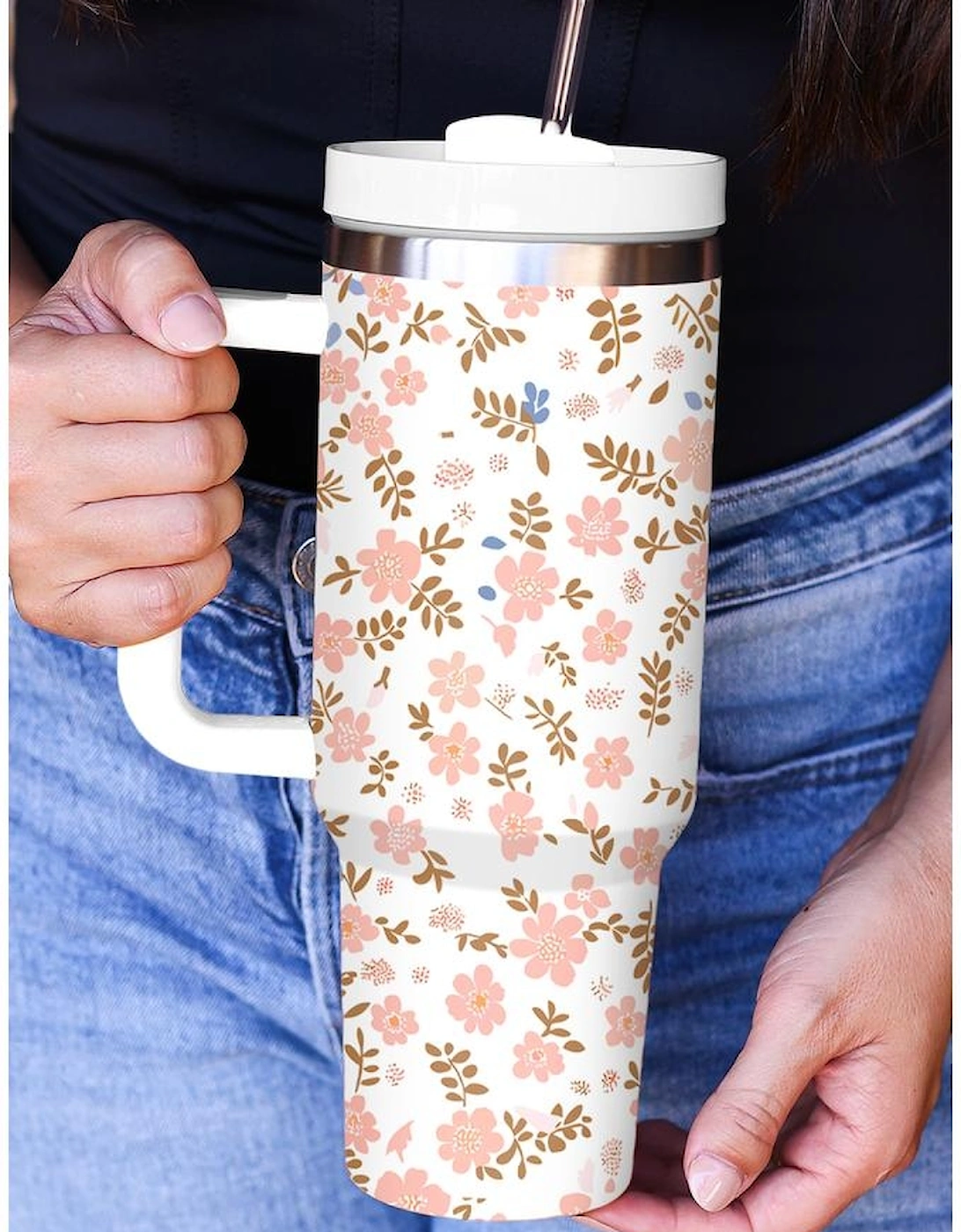 White Cute Flower Print Large Stainless Steel Tumbler 40oz
