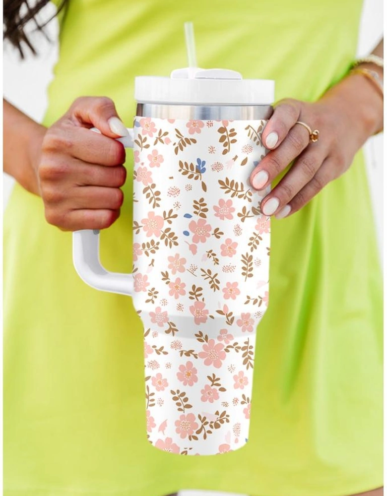White Cute Flower Print Large Stainless Steel Tumbler 40oz