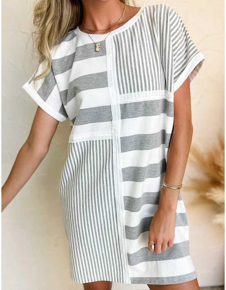 Azura Exchange Gray Stripe Mixed Printed Short Sleeve Shift Mini T Shirt Dress