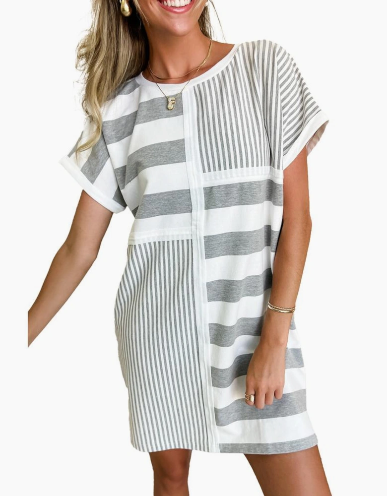 Azura Exchange Gray Stripe Mixed Printed Short Sleeve Shift Mini T Shirt Dress