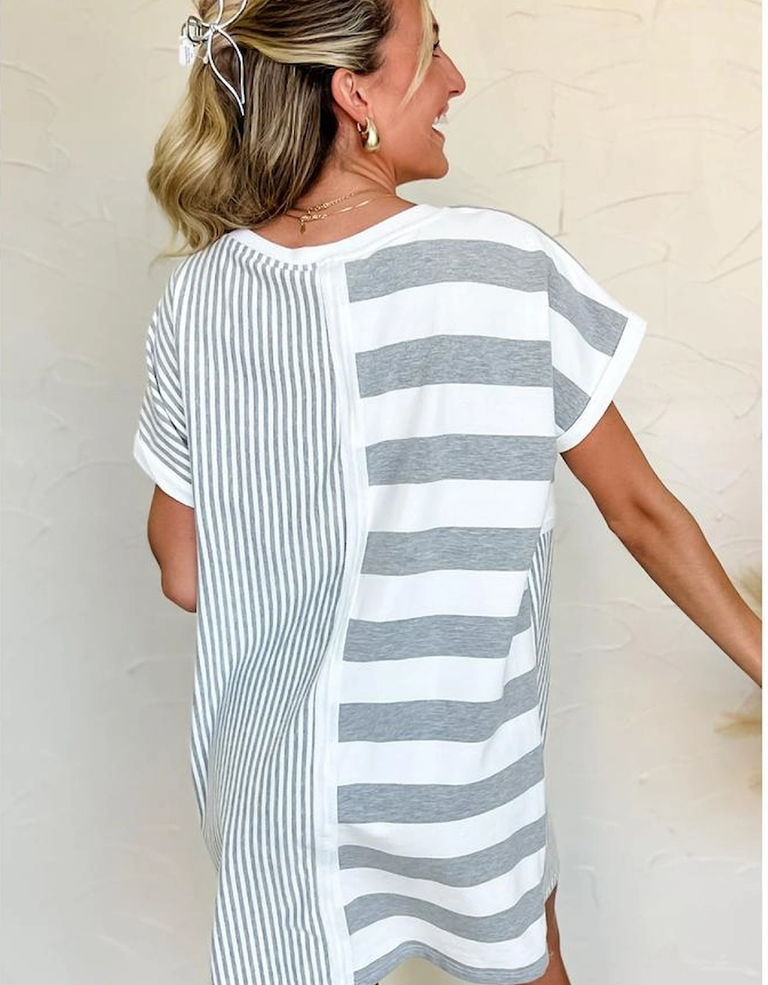 Azura Exchange Gray Stripe Mixed Printed Short Sleeve Shift Mini T Shirt Dress, 15 of 14