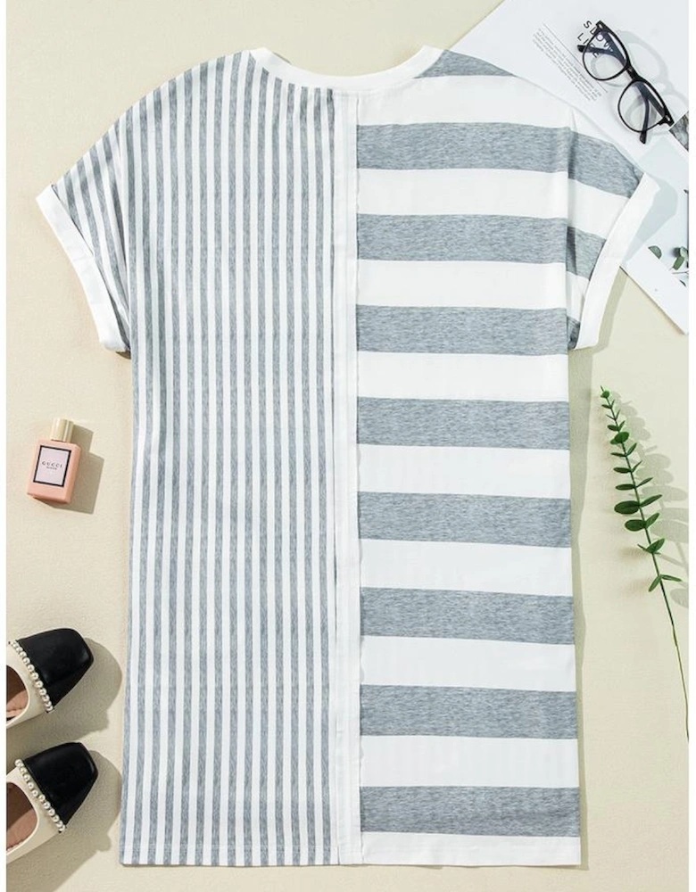 Azura Exchange Gray Stripe Mixed Printed Short Sleeve Shift Mini T Shirt Dress