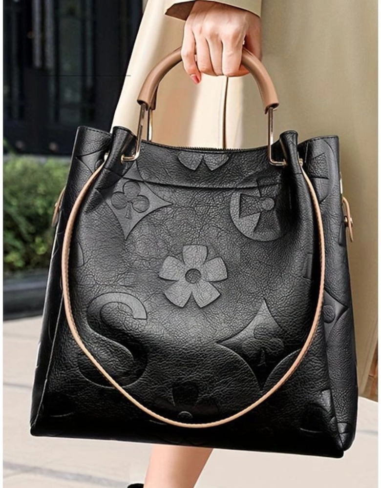 Black Embossed Leather Multi-functional Shoulder Bag with Handle