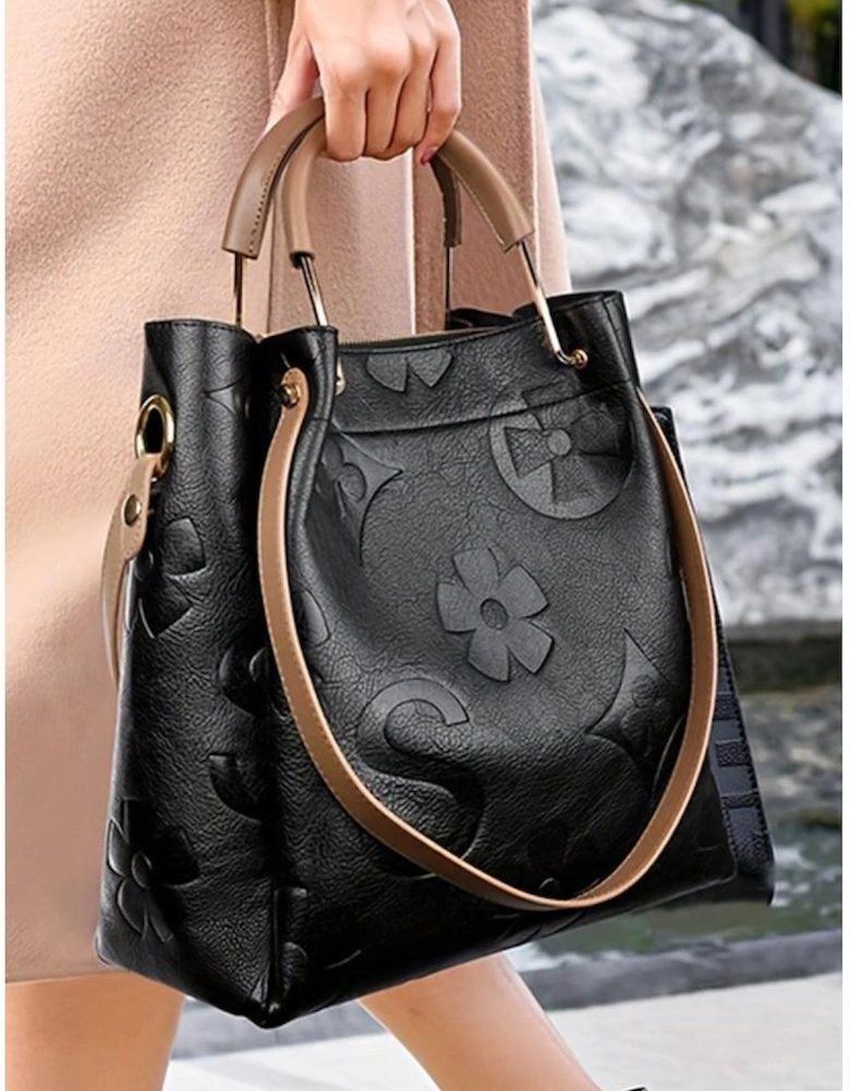 Black Embossed Leather Multi-functional Shoulder Bag with Handle