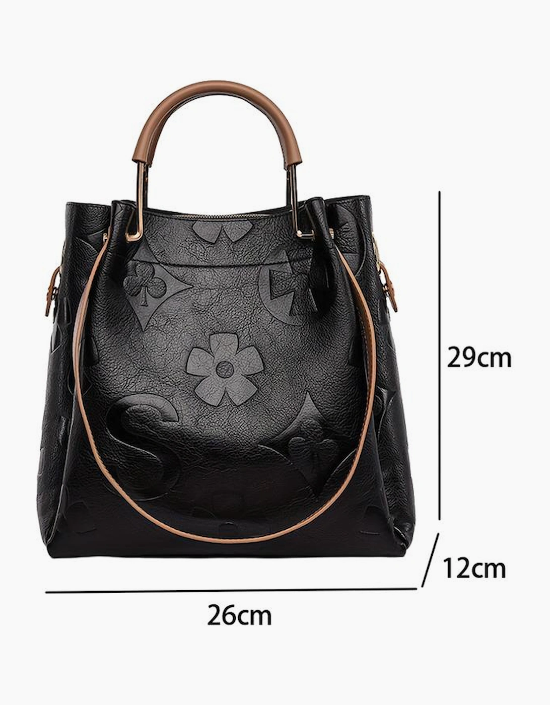 Black Embossed Leather Multi-functional Shoulder Bag with Handle
