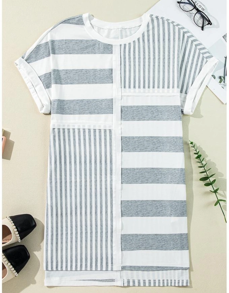 Azura Exchange Gray Stripe Mixed Printed Short Sleeve Shift Mini T Shirt Dress