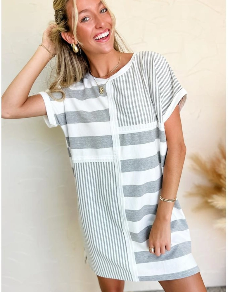 Azura Exchange Gray Stripe Mixed Printed Short Sleeve Shift Mini T Shirt Dress