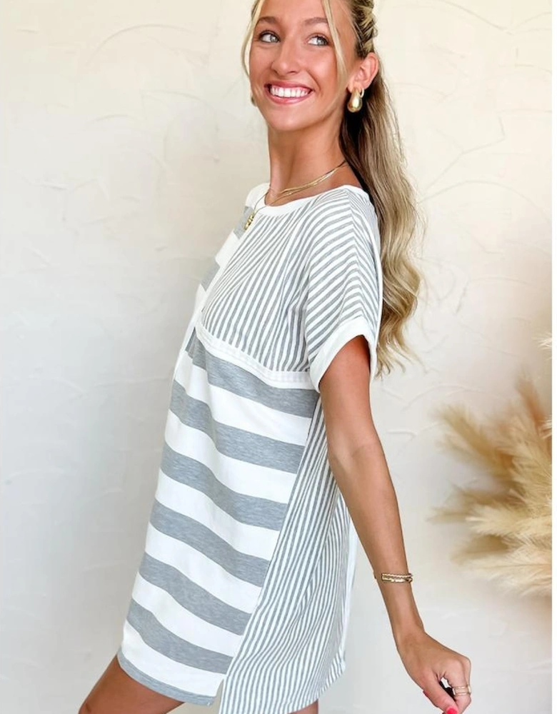 Azura Exchange Gray Stripe Mixed Printed Short Sleeve Shift Mini T Shirt Dress