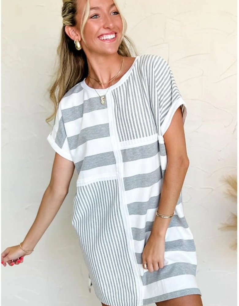 Azura Exchange Gray Stripe Mixed Printed Short Sleeve Shift Mini T Shirt Dress