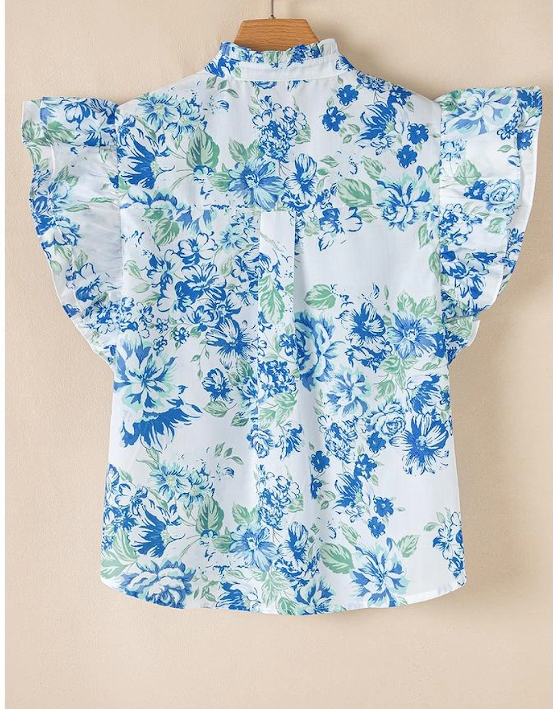 Sky Blue Floral Print Ruffle Sleeve Frilly Button Up Shirt