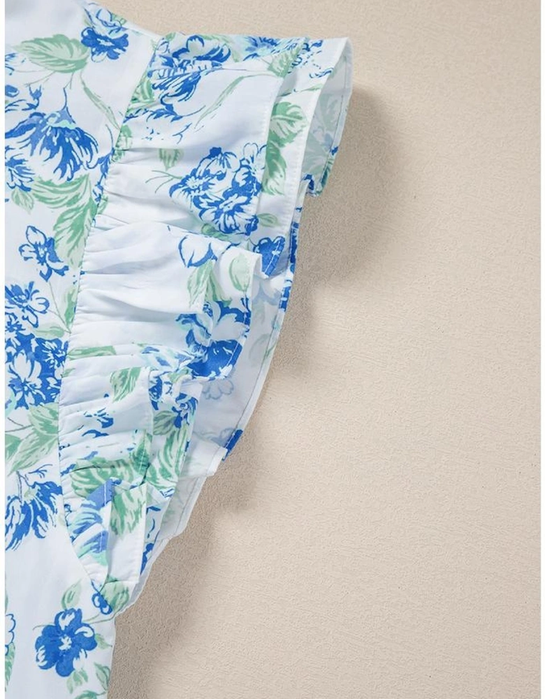 Sky Blue Floral Print Ruffle Sleeve Frilly Button Up Shirt