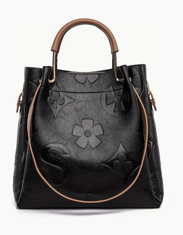 Black Embossed Leather Multi-functional Shoulder Bag with Handle