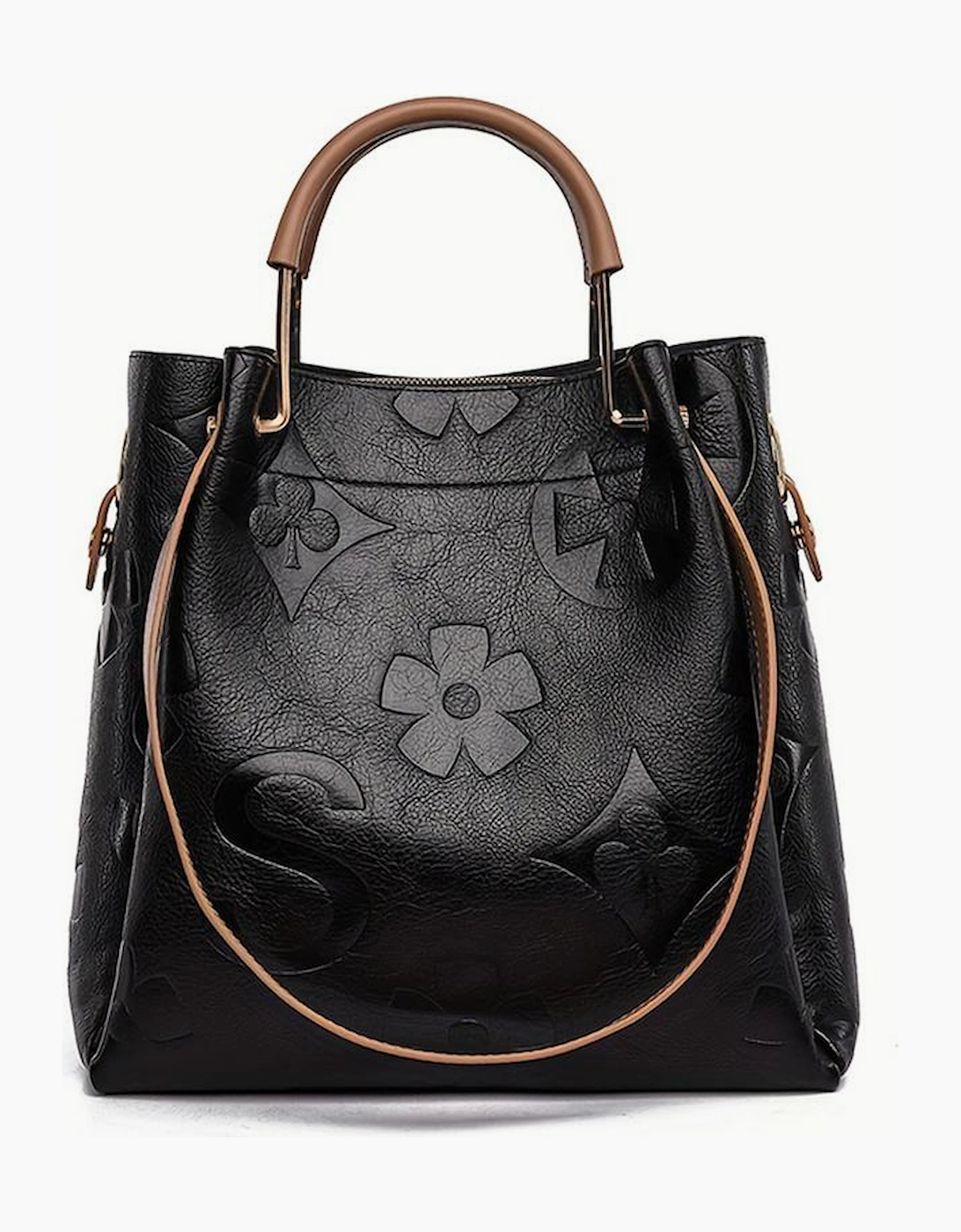 Black Embossed Leather Multi-functional Shoulder Bag with Handle