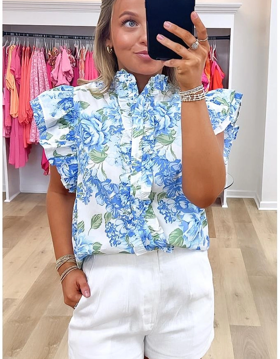 Sky Blue Floral Print Ruffle Sleeve Frilly Button Up Shirt