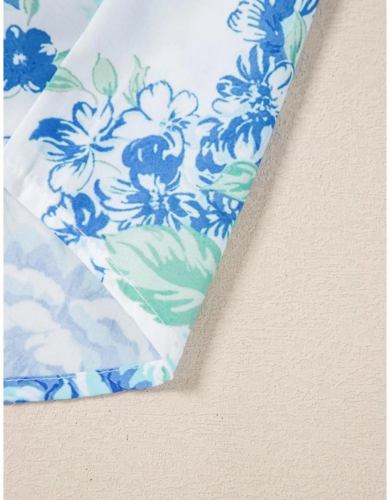 Sky Blue Floral Print Ruffle Sleeve Frilly Button Up Shirt