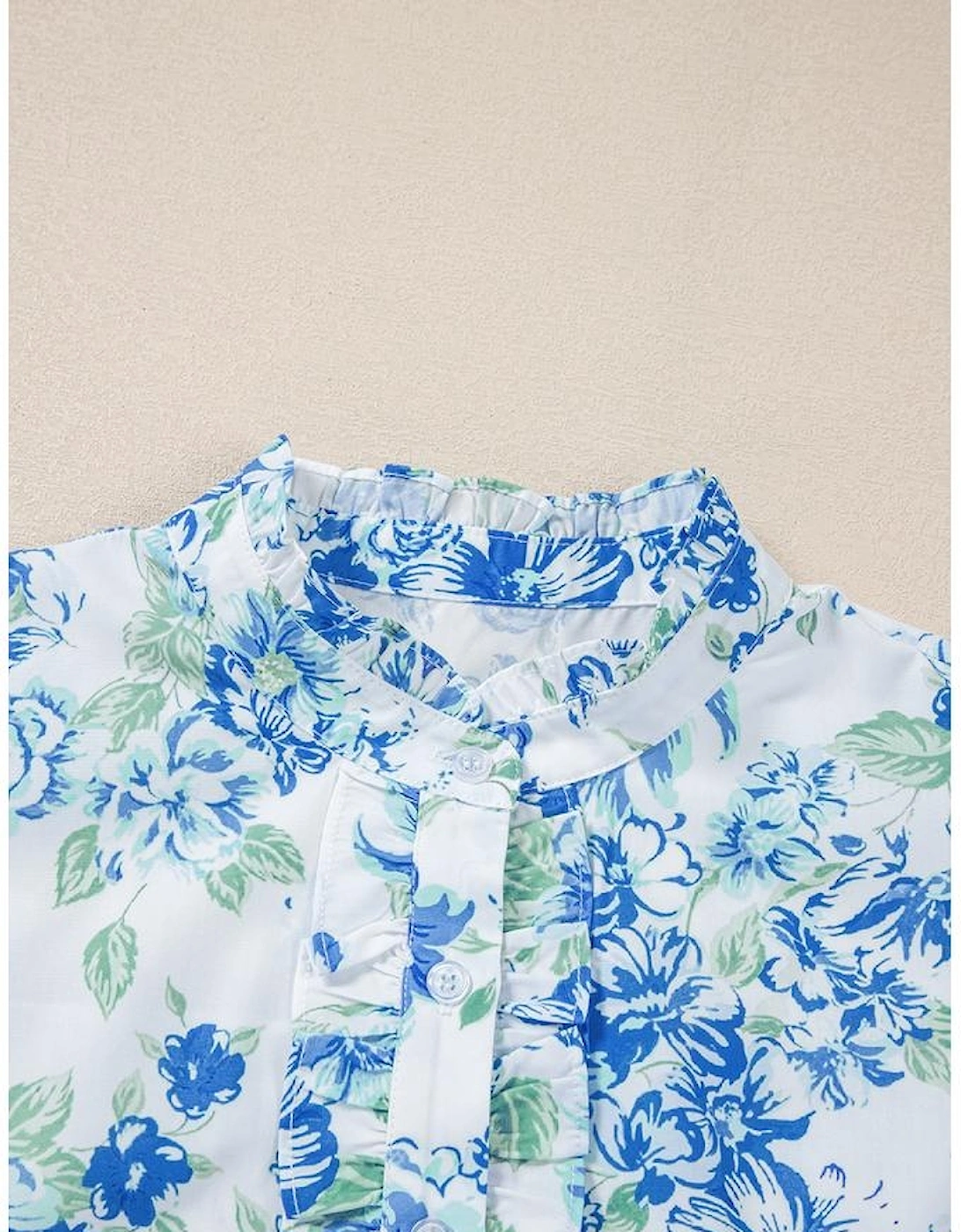 Sky Blue Floral Print Ruffle Sleeve Frilly Button Up Shirt