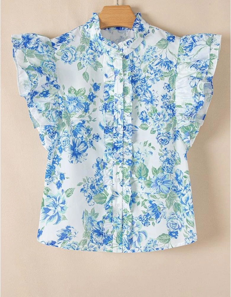 Sky Blue Floral Print Ruffle Sleeve Frilly Button Up Shirt