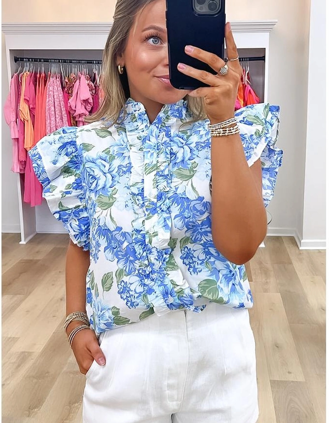 Sky Blue Floral Print Ruffle Sleeve Frilly Button Up Shirt