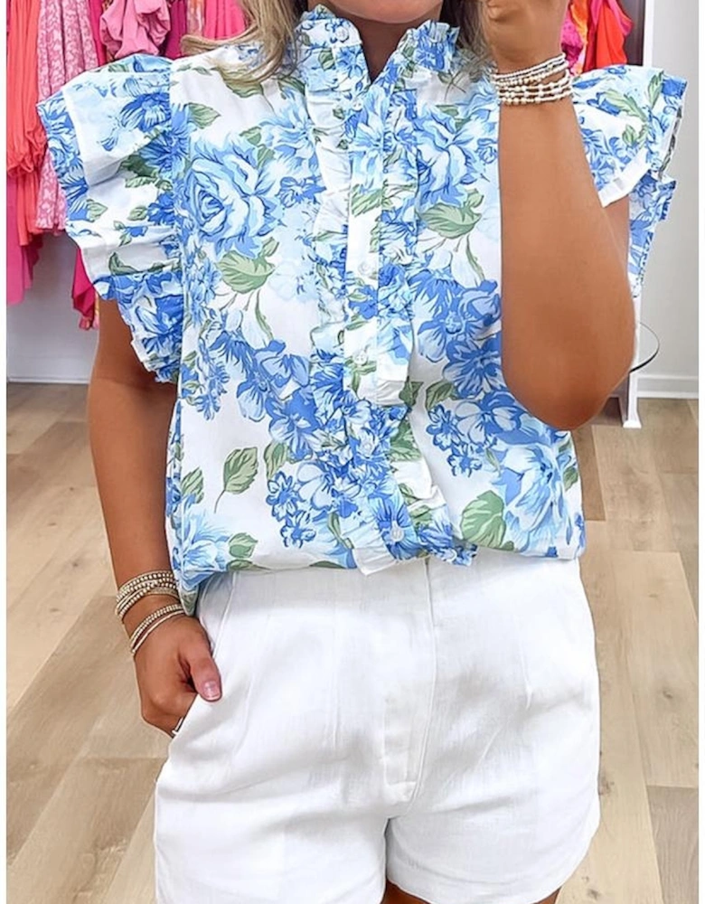 Sky Blue Floral Print Ruffle Sleeve Frilly Button Up Shirt