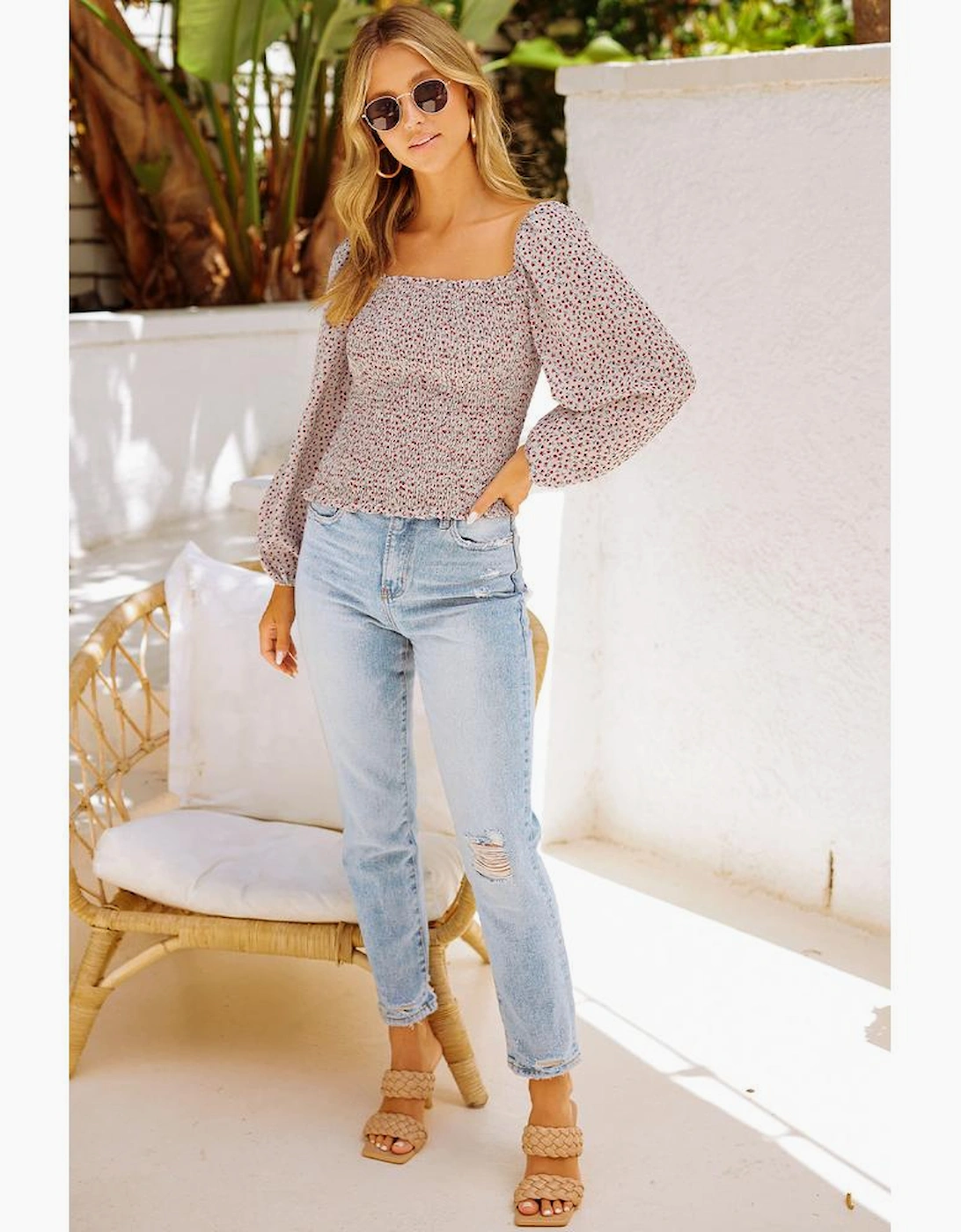 Apricot Square Neck Puff Sleeve Floral Smocked Top