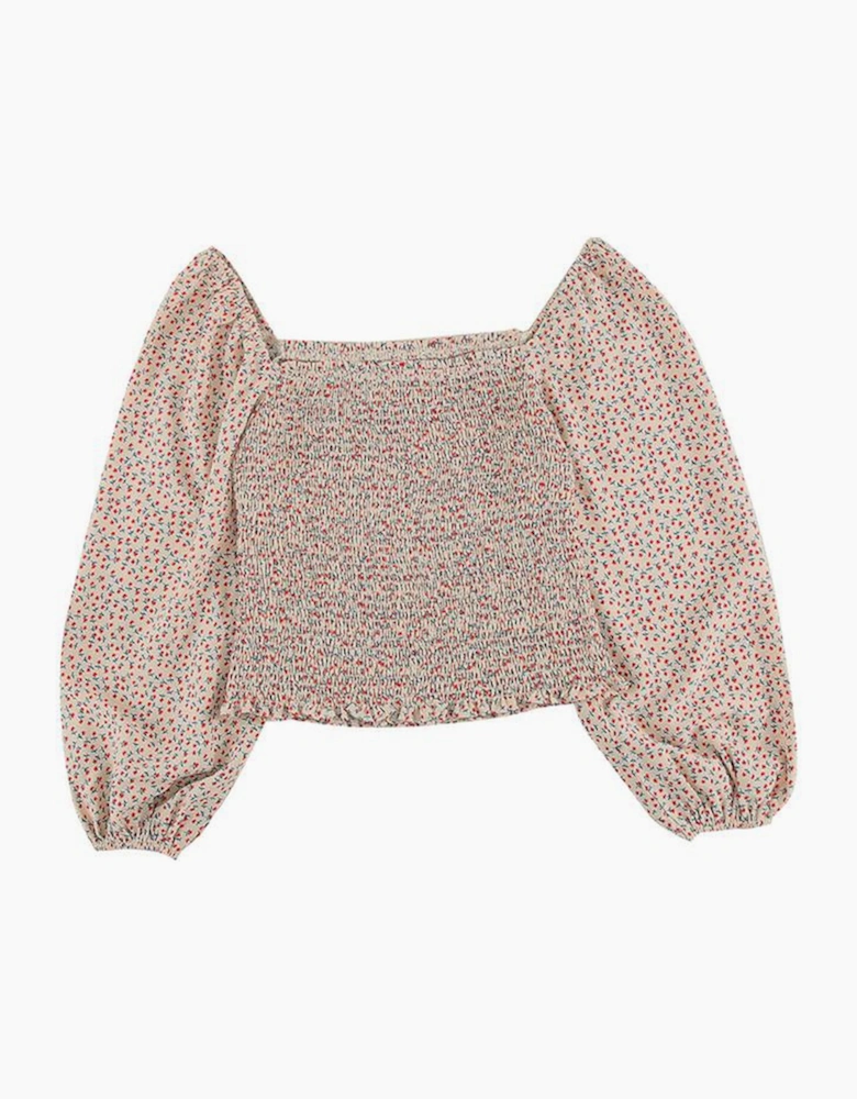 Apricot Square Neck Puff Sleeve Floral Smocked Top