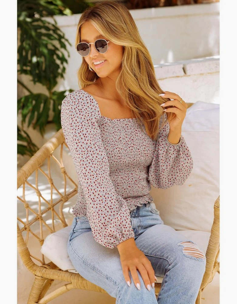 Apricot Square Neck Puff Sleeve Floral Smocked Top