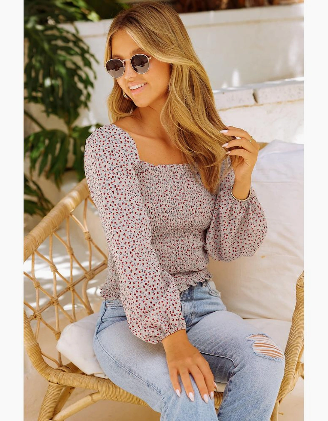 Apricot Square Neck Puff Sleeve Floral Smocked Top