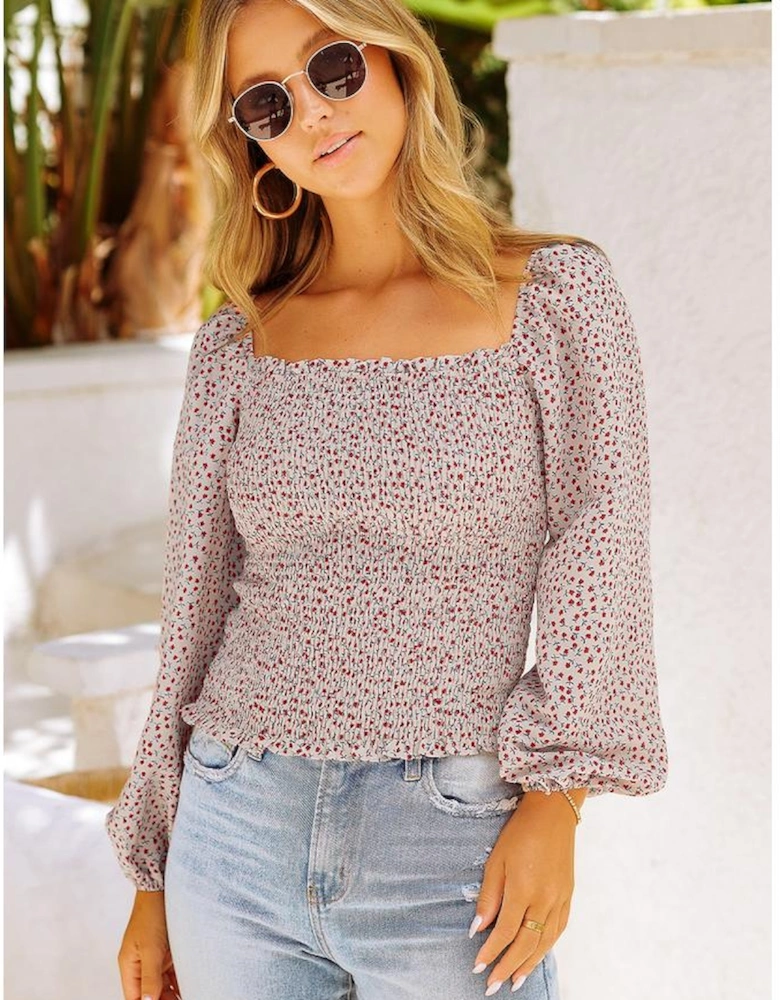Apricot Square Neck Puff Sleeve Floral Smocked Top