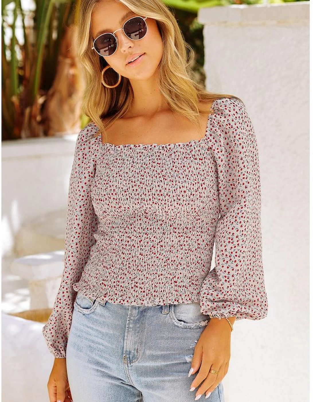 Apricot Square Neck Puff Sleeve Floral Smocked Top