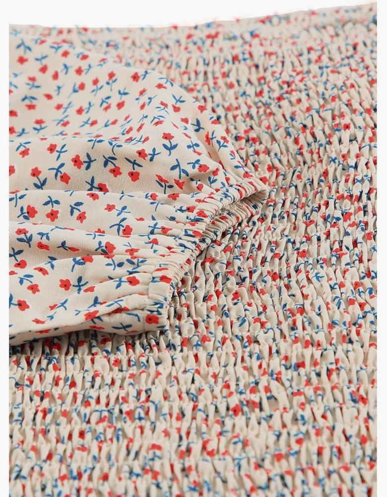 Apricot Square Neck Puff Sleeve Floral Smocked Top