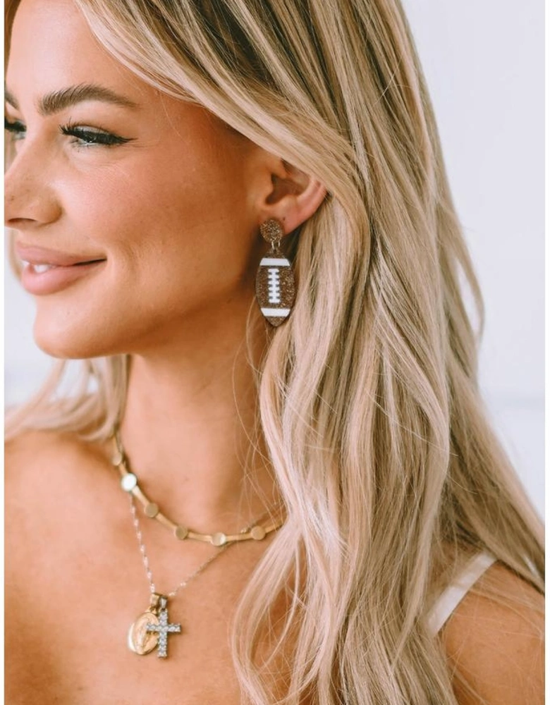 Brown Glittering Rugby Pendant Earrings