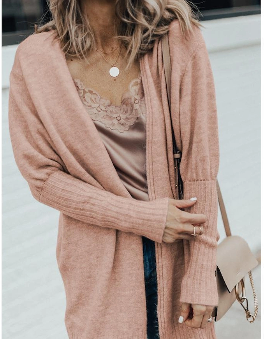 Smoke Gray Ribbed Trim Puff Sleeve Open Cardigan