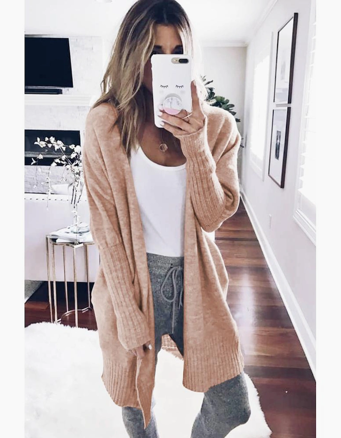 Smoke Gray Ribbed Trim Puff Sleeve Open Cardigan