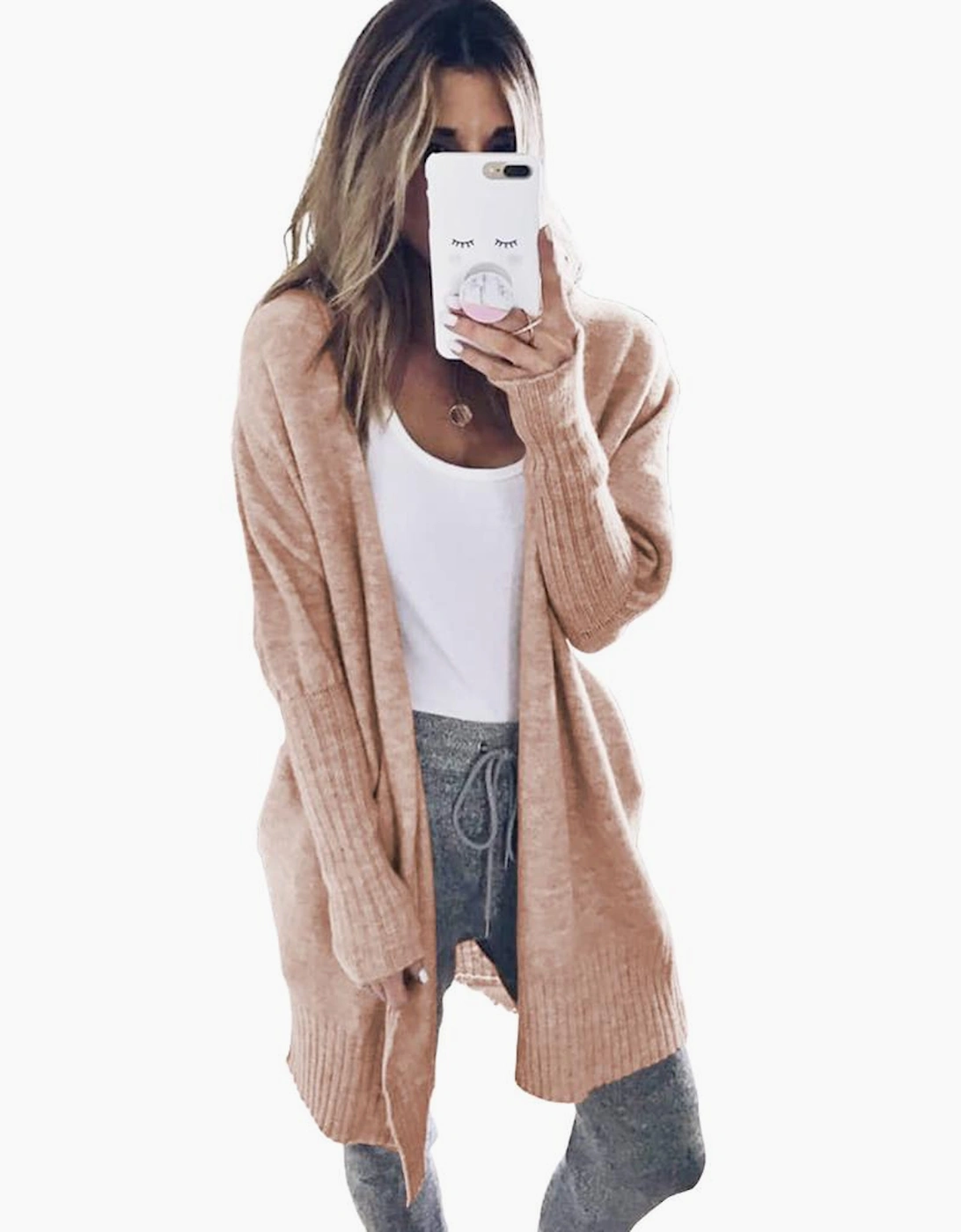 Smoke Gray Ribbed Trim Puff Sleeve Open Cardigan