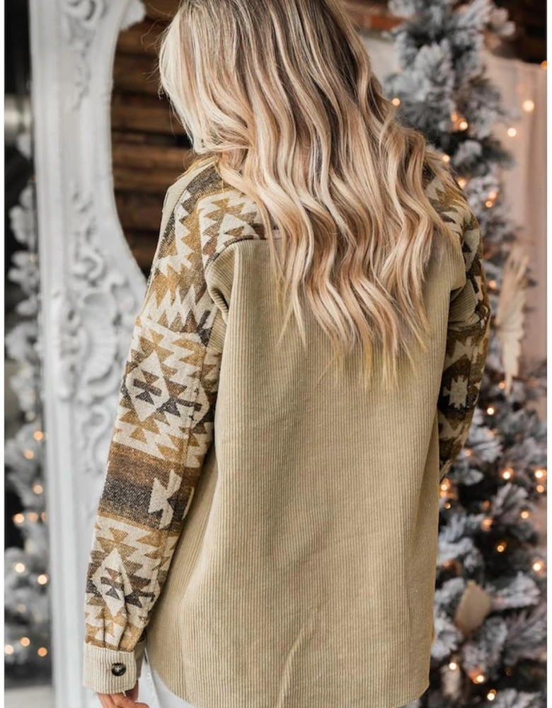 Khaki Aztec Print Patchwork Frayed Edge Corduroy Jacket