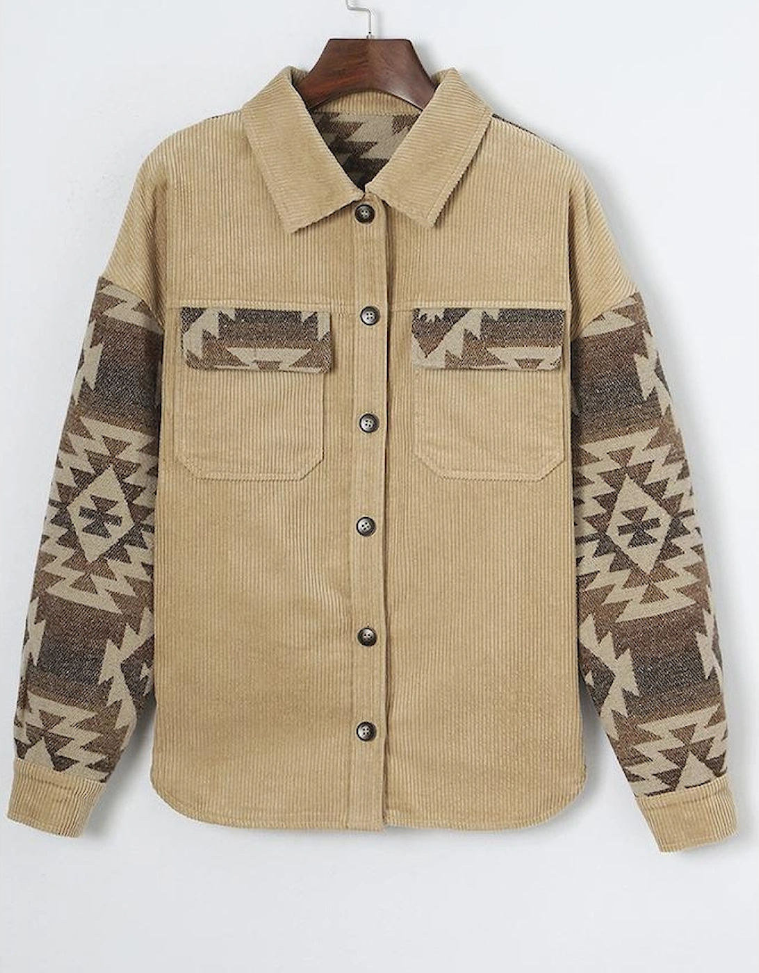 Khaki Aztec Print Patchwork Frayed Edge Corduroy Jacket