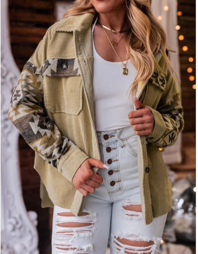 Khaki Aztec Print Patchwork Frayed Edge Corduroy Jacket